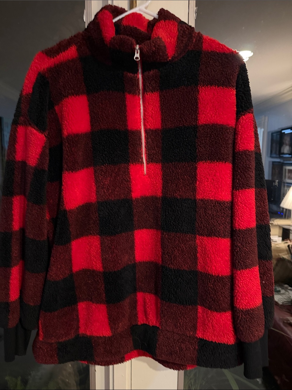 LOFT Red and Black Buffalo Plaid Half-Zip Sherpa Pullover